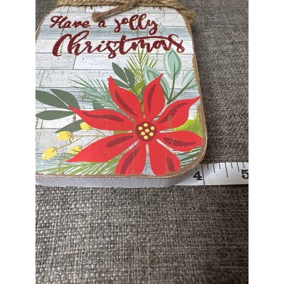 Christmas Mason Jar Wooden Decor Rustic Farmhouse Poinsettia Design & Twine Bow - Picture 3 of 3